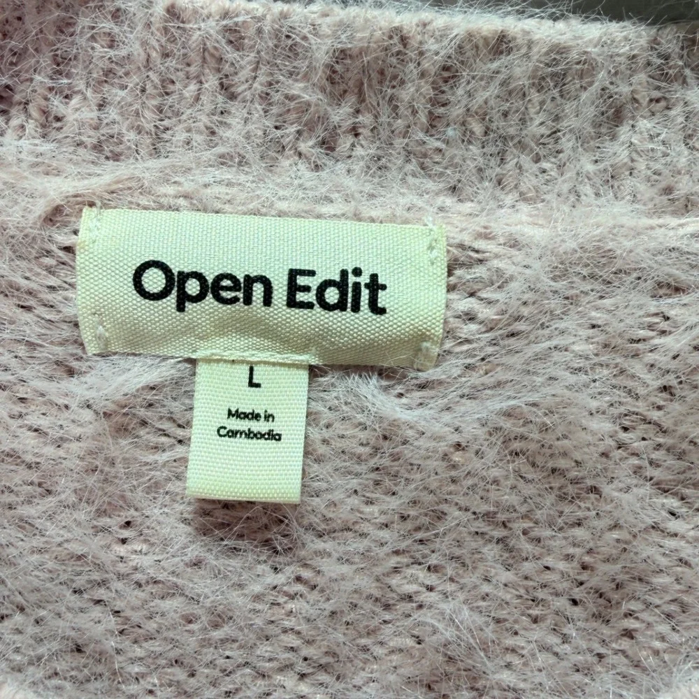 Open Edit Eyelash Knit Sweater Womens L Pink Fuzzy Pullover Crew Neck Cozy Soft